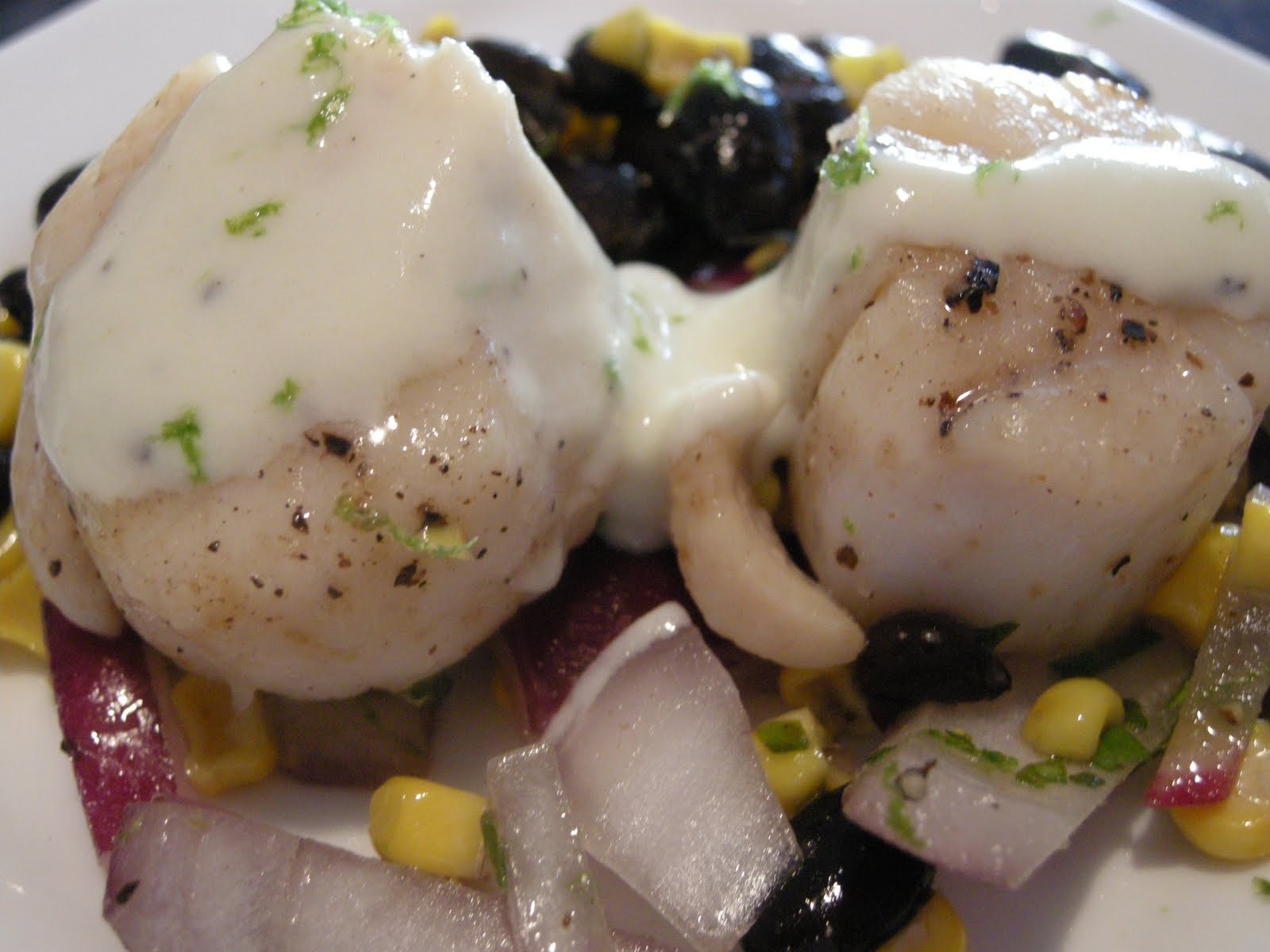 Kitchens Are Monkey Business Rosie's Scallop, Wasabi Cream, Black Bean