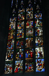 Stained-glass window designs drawn by Biagio Arcimboldo and Giuseppe Arcimboldo, made by Corrado de'Mochis, 1556, Duomo (Cathedral), Milan, Italy. Photo Credit: Giovanni Dali'Orto.