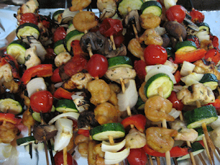 chicken, shrimp, and veggie kabobs for Memorial Day