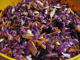 purple cabbage salad with carrots, almonds, and raisins, adapted from Vegan Yum Yum