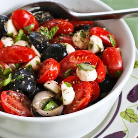 Tomato, Olive, and Fresh Mozzarella Salad with Basil Vinaigrette from Kalyn's Kitchen