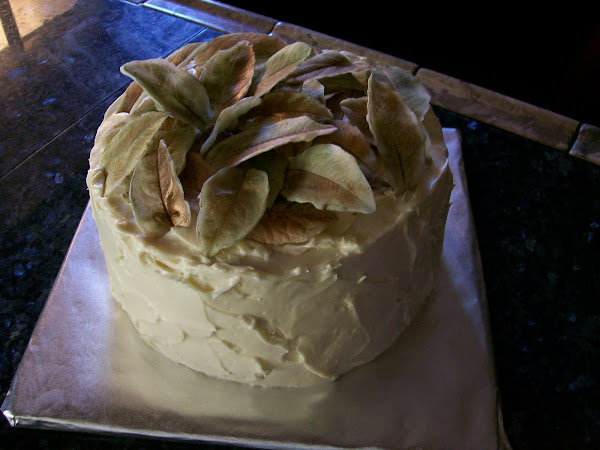 Carrot Cake with Cream Cheese Frosting and White Chocolate Leaves dusted with Petal Dust