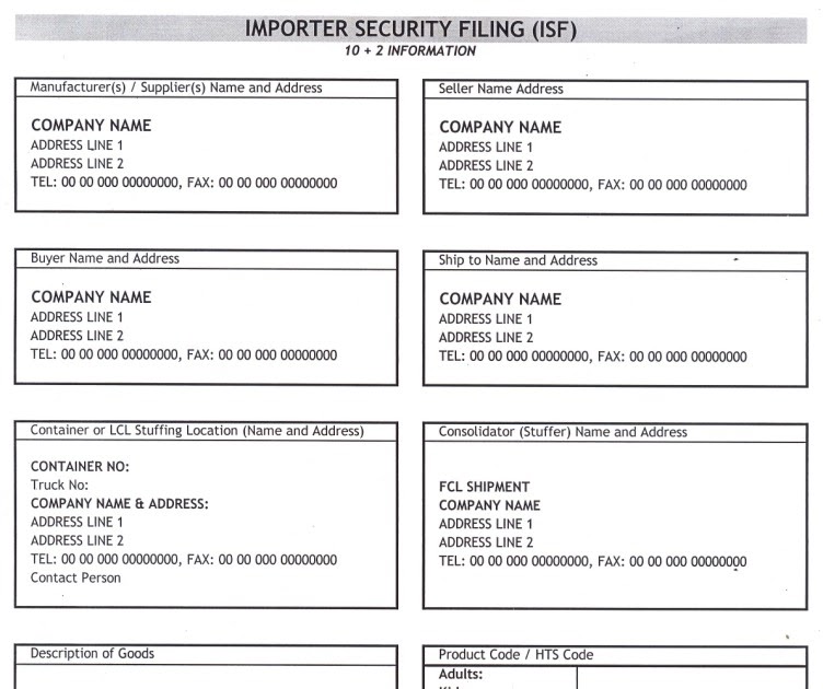 General Knowledge Library ISF Form 10+ 2 (Importer Security Filing