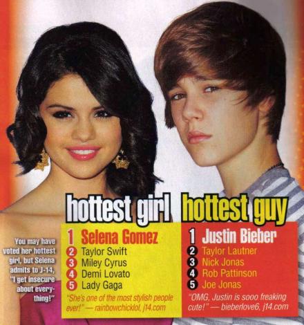 Justin bieber aparece como el chico mas hot ,acompañodo de la chica mas hot 