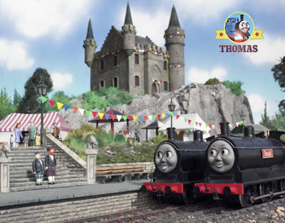 The twin tank engine Donald and Douglass out side Lord Callan Scottish castle loch grand celebration