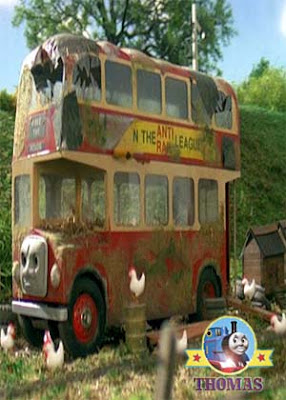 Red Bulgy the Double Decker Bus Rides Again is turned into a hen house after a Sodor bridge accident