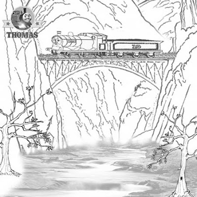 5 Scottish railway train Douglas tank engine crossing a old wooden bridge preschool coloring sheets