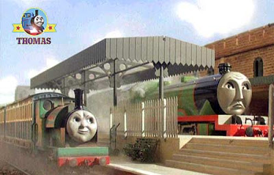 Skarloey little Peter Sam the tank engine and big green Henry the tank engine in Knapford station Skarloey little Peter Sam the tank engine and big green Henry the tank engine in Knapford station