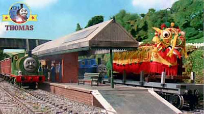 Percy and childrens carnival party calibration fireworks oriental Chinese golden dragon parade float Station platforms Thomas Percy and the dragon theme design for the childrens carnival costume party