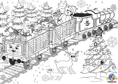 Printable Christmas colouring pages for kids James the red engine pulling a winter holiday toy train