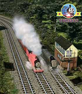 Thomas and friends James the pink engine saw the big express Spence the silver engine at a junction