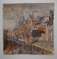 Water color painting of streets in a small Canadian town