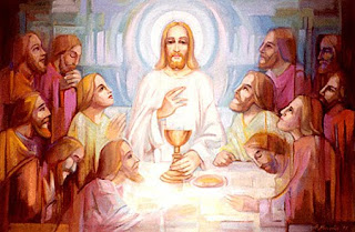 drawing art painting color picture of Jesus sharing blood and wine with his twelve apostles on Maundy Thursday or The holy thursday in the 5th day of holy week free Christian images and Easter coloring pages download