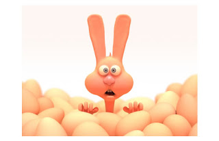 Easter orange funny bunny with exclamatory face in Easter orange eggs hot picture