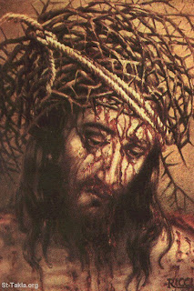 Jesus Christ with big crown of thorns flow of blood and bleeding photo