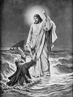 Peter praying god Jesus Christ while he walking on sea water in the storm with Jesus Christ black and white drawing art image photo