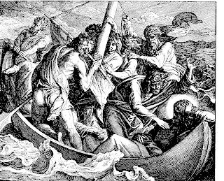 Jesus Christ and Twelve apostles in the sea storm while Jesus calming the sea storm black and white drawing art image