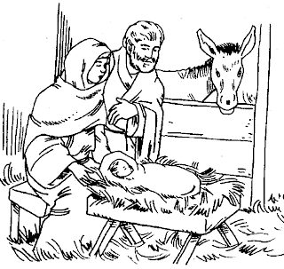 Christian coloring page Jesus Christ just born in Manger and his parents with donkey coloring sheet picture