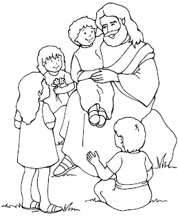 Jesus Christ smiles and kids sit in lap of Jesus Christian religious coloring page for children download for free