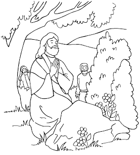 Jesus Christ at the trees in the garden of Gethsemane praying to God Christian religious coloring page free download