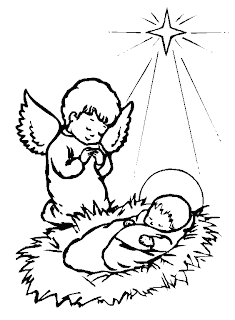 Biblical coloring page of Jesus born coloring page and beautiful bright star with praying angel religious Christian photo download
