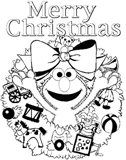 Coloring page of Merry Christmas with Christmas holiday gifts and Elmo wishing Merry Christmas picture free Christian religious download