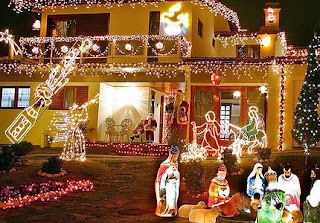 Beautiful Outdoor Christmas decoration with Beautiful Christmas lighting and Jesus born nativity symbols in the lawn decoration Christmas(X-mas) Christian religious wallpapers and Christmas clip arts for Christians free download