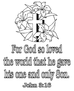 Cross and flowers in the picture of John 3 16 verse coloring page free Christian pictures download for kids