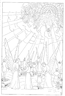 Angels playing with kids while second coming of Jesus Christ coloring page download free PPT template background pictures and religious photos