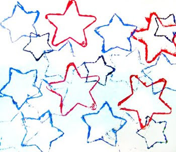 Painted outlines of red and blue stars