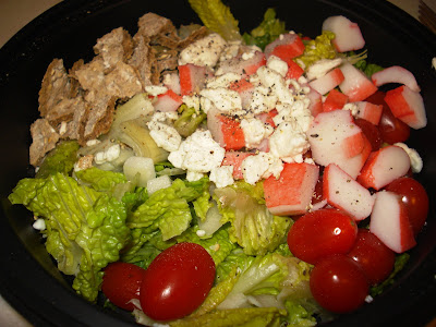 The last of my romaine lettuce, grape tomatoes, imitation crab meat, onions, The last of my romaine lettuce, grape tomatoes, imitation crab meat, onions,