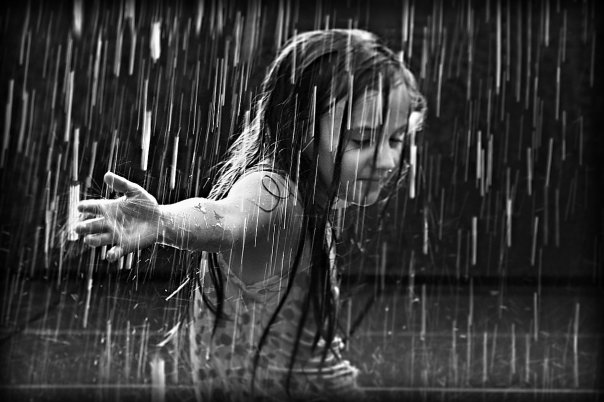 cartoon girl walking in rain. The kind of rain that gushes