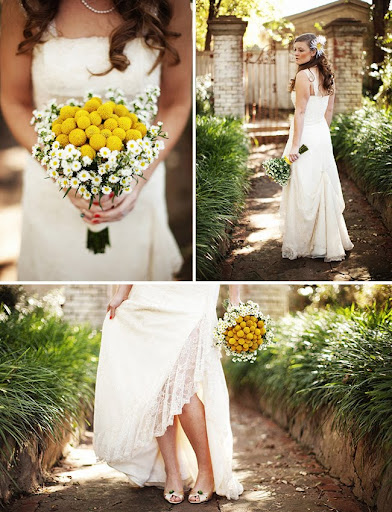 Love the bouquet of billy buttons and daisies so modern and fun