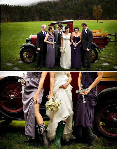 wedding party with galoshes and truck