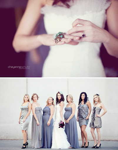wedding ring bridesmaids non matching greys and purples