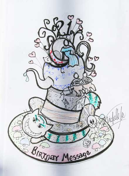 birthday cake sketch. Original sketch & design by Michelle. Labels: alice, birthday cake, 
