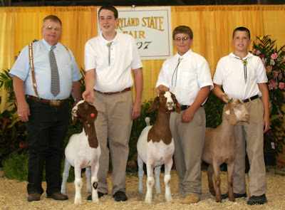 Champion 4-H/FFA Meat Goat Showman: Drew Cashman (L), Sam Harden (C), and Ryan Hevner (R)