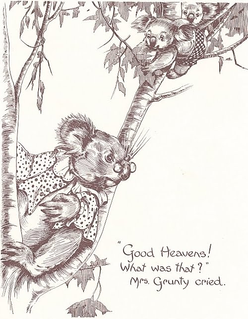'Good Heavens! What was that?' Mrs Gunty Cried. Dorothy Wall illustration of Blinky Bill characters 1933