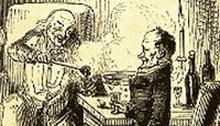 Scrooge and Bob Cratchit enjoying a Smoking Biship before the fire. Click on this image to check Bookmarc’s stock of books by Charles Dickens. Scrooge discussing affairs with Bob Cratchit over a bowl of smoking bishop wood engraving by John Leech