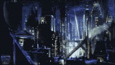 CGI color still of Gotham City at night from the film 'Batman Returns'