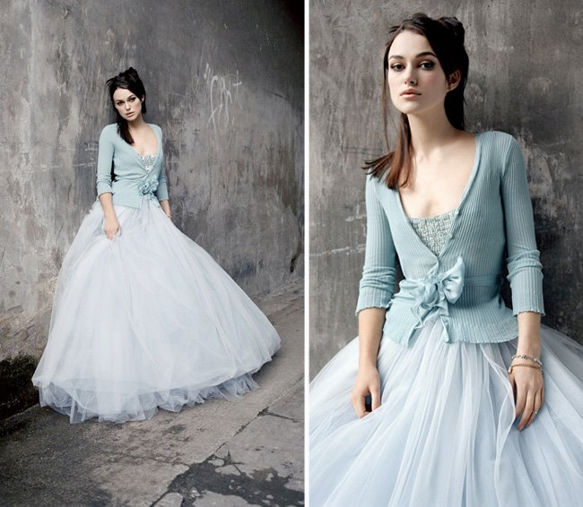 An ice blue wedding gown with matching sweater in winter