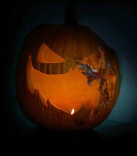 Is this flaming pumpkin the lead up to Aaron Eckhart's first picture as Harvey Dent, AKA Two-Face, in the new Batman movie, The Dark Knight?