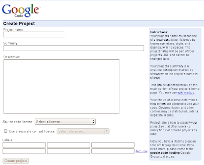 Google code create project page