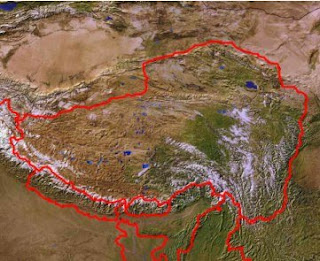 Map of the whole of traditional, independent Tibet. Tibet / Tibetan Plateau as seen from space - The Traditional Homeland of the Tibetan People