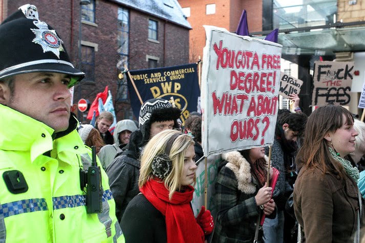 Picture of Leeds student protesters marching towards Leeds University campus Leeds Student Protest