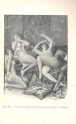 Illustration of three need women on cushions being whipped