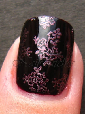 Hard Candy Rumor Mill stamped with China Glaze Joy and M71 hard candy rumor mill plum jelly creme nail polish china glaze joy pink red khrome romantique chrome collection 2009 stamping konadicure konad nailart imageplate m71