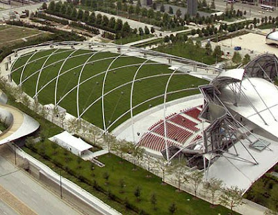 Frank Gehry Pritzker Bandshell with trellis aerial view Chicago Millennium Park