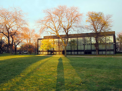 Crown Hall Chicago Mies IIT west facade at sunset with shadows