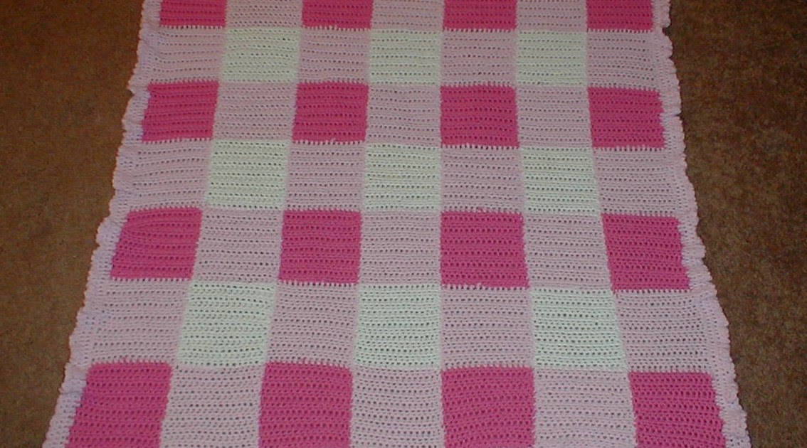 Karens Crocheted Garden of Colors Pink Gingham Baby Blanket with Ruffle